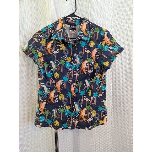 Retrolicious Tropical Bird Button-up Top XL Retro Tiki Pin-up Orange Navy (K03) - Picture 3 of 7